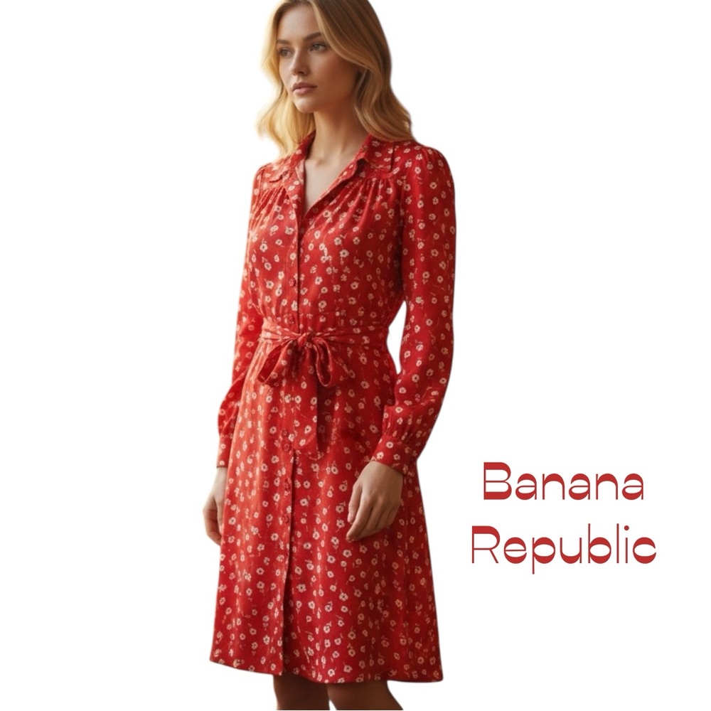 Banana Republic Red White Floral Long Sleeve Shirt Dress NWOT Size 0